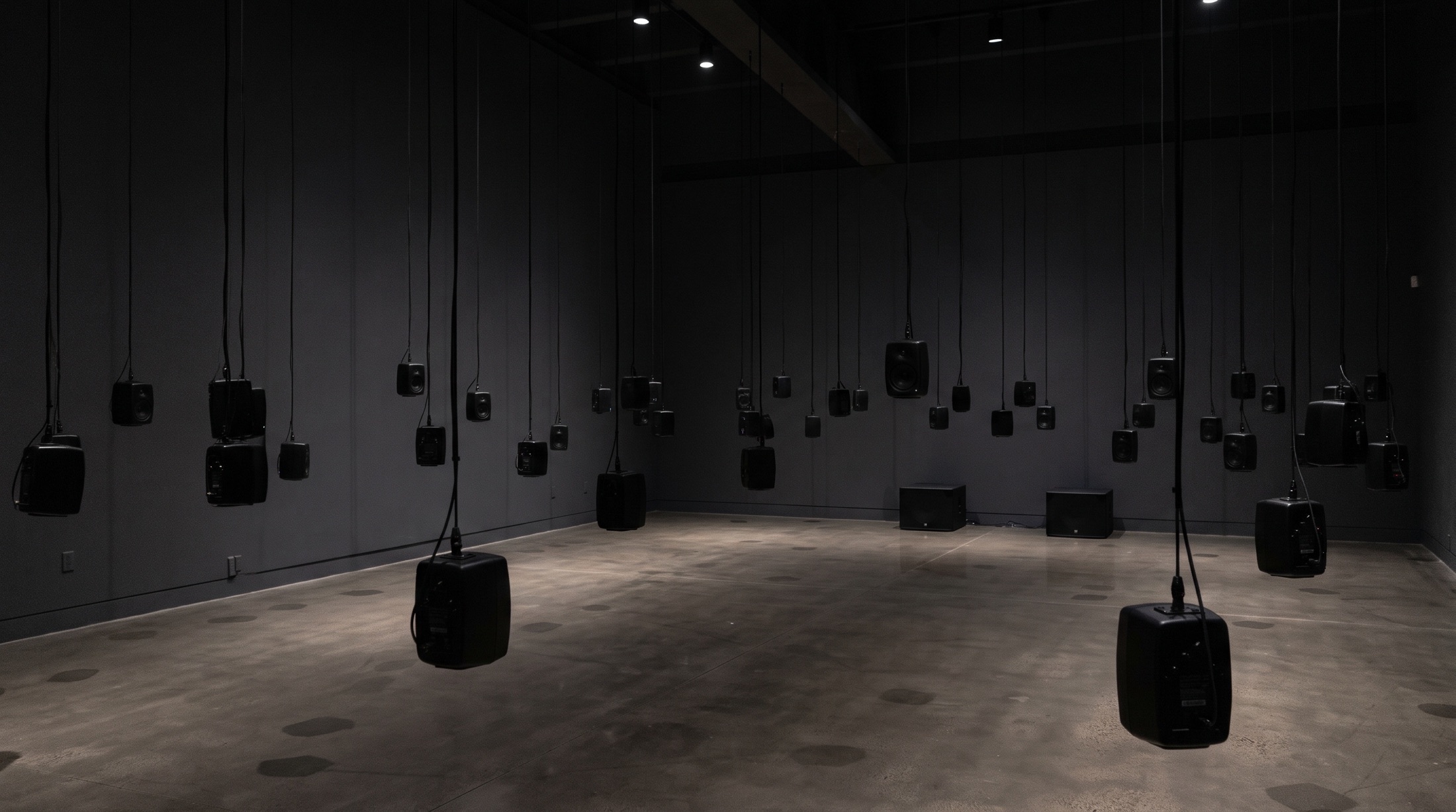 Sala oscura con decenas de parlantes negros colgados a la altura de la cabeza (previsualización con IA)